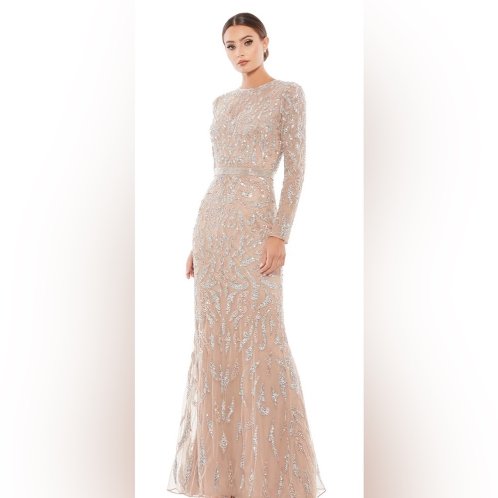 BEADED LONG SLEEVE EVENING GOWN Size 16 Color Mocha